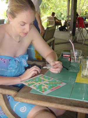 Playing scrabble in the shade.