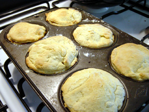 Pie batch #1 emerges from the oven.