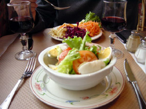 Assiette de crudites (far) and a salad melee (near).