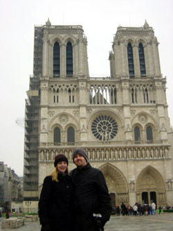 Day 2: Mark and I outside Notre Dame, on a cold and wet February morning.